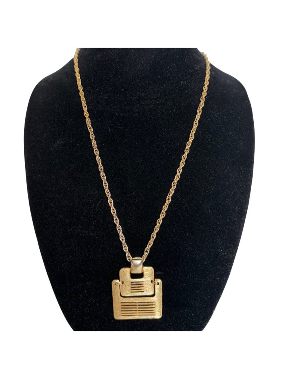 Vintage Gold Tone Mod Pendant Necklace Geometric Design Chunky 70s Statement